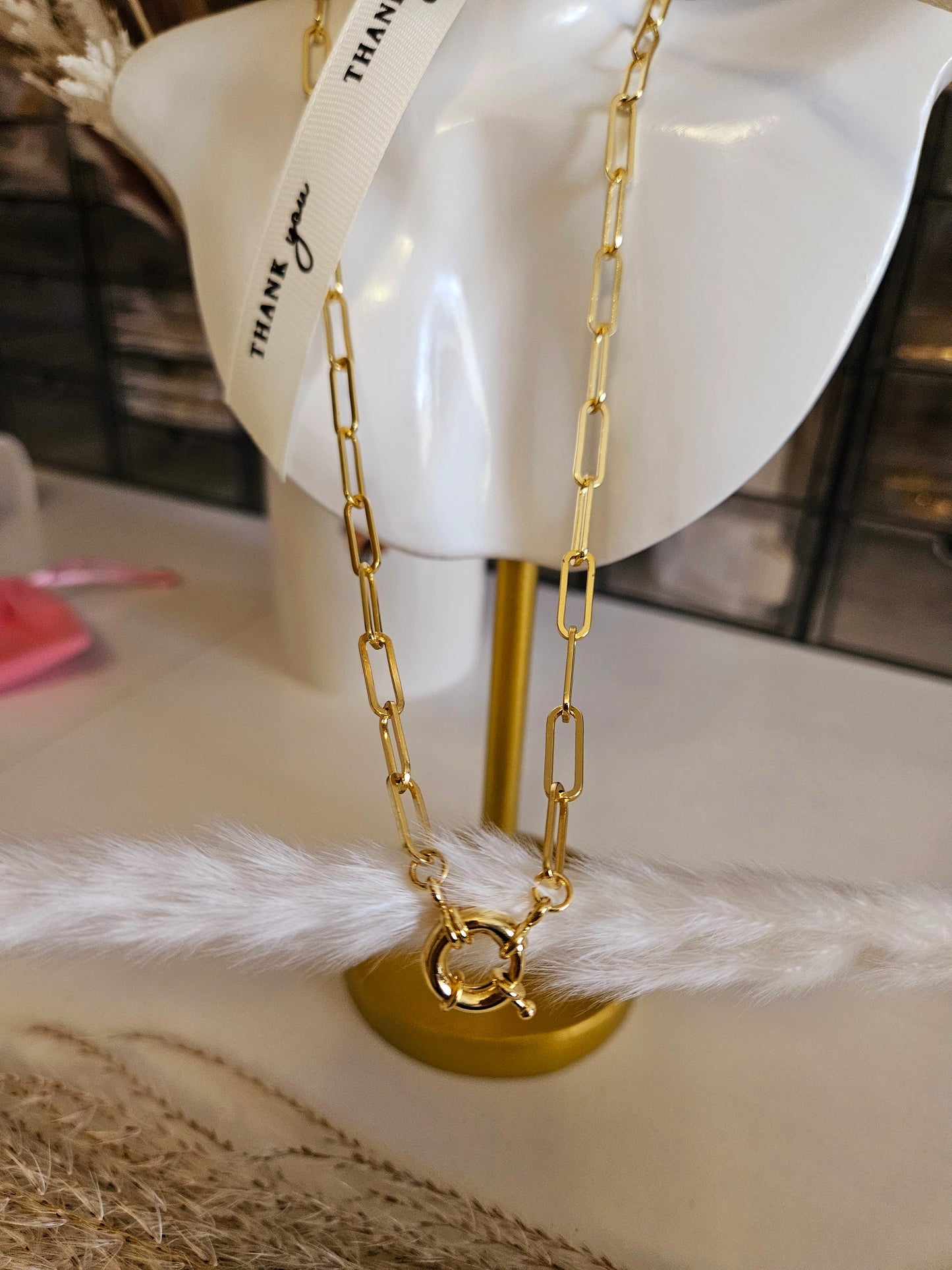 18K Gold, Stainless Steel, Chunky Chain Necklace, Paper Clip Link Lock Necklace