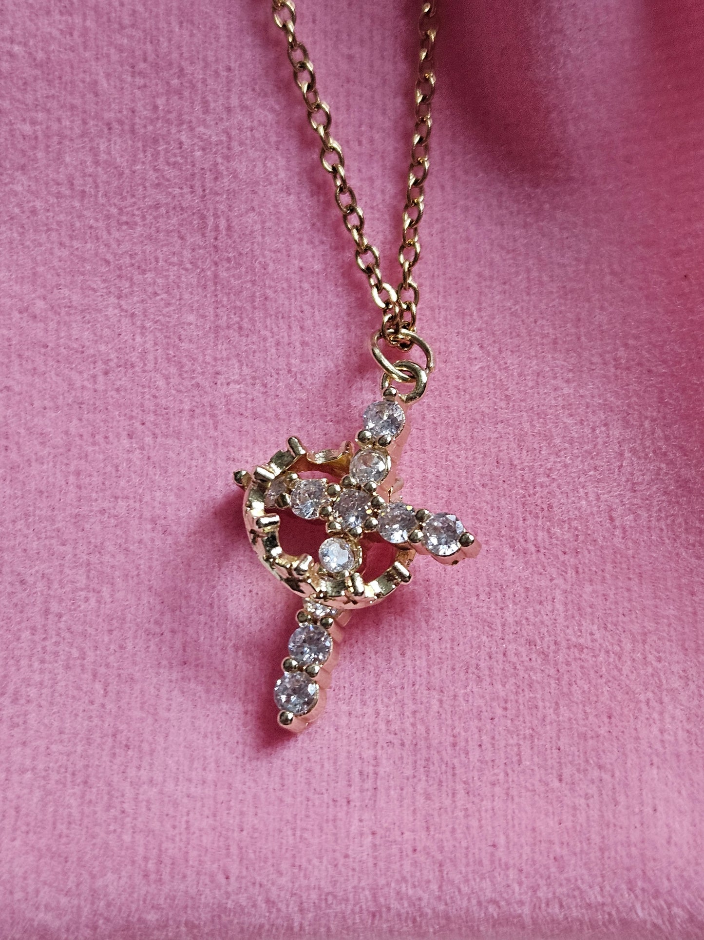 14k Gold Cubic Zirconia, Stainless Steel, 18" Chain, Cross with a rotating crown Necklace