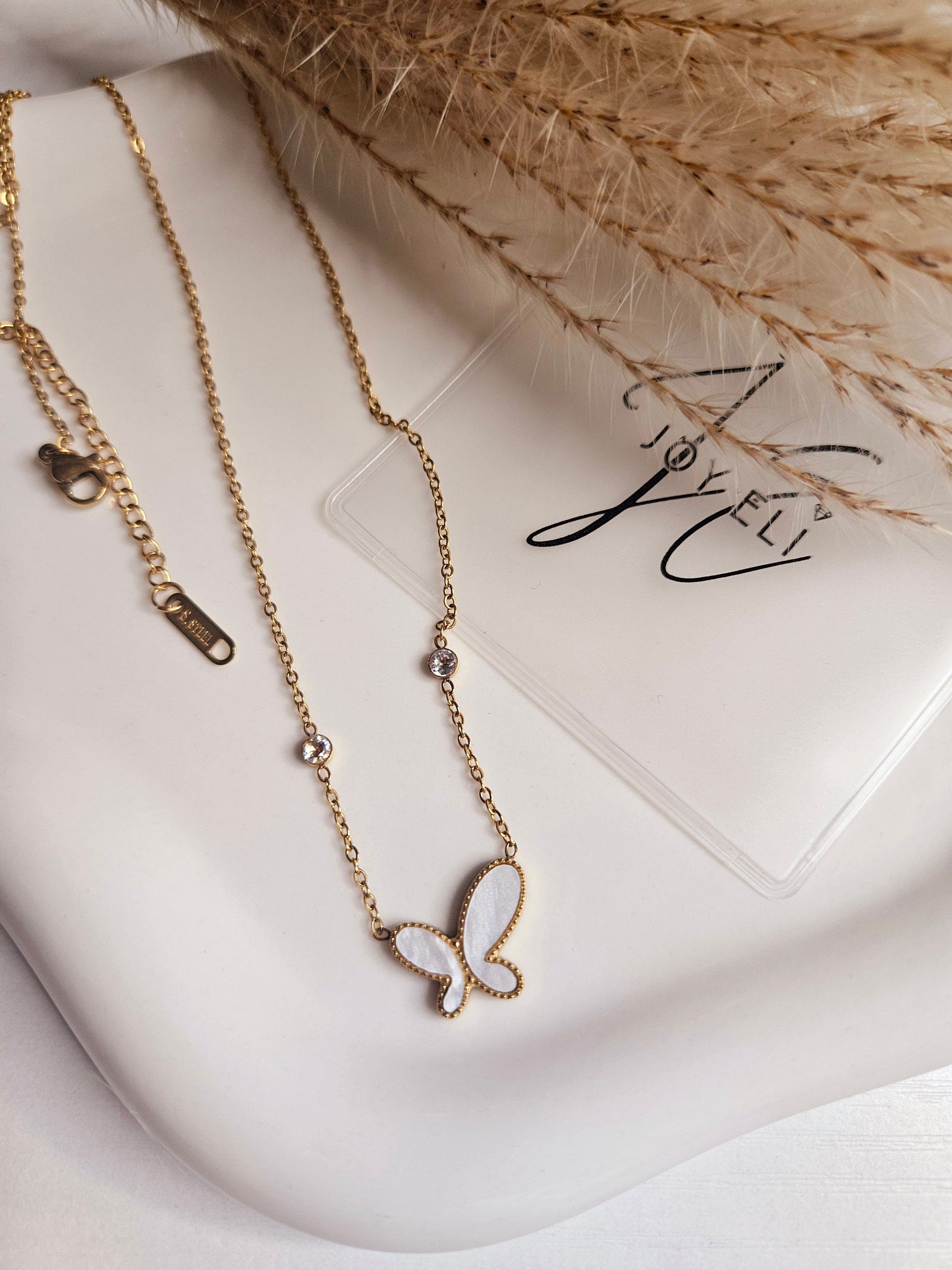 18k Gold Plated, Stainless Steel, White Seashell Butterfly Necklace