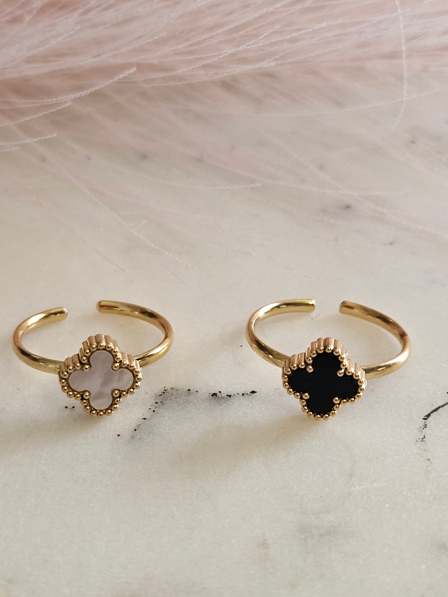 18K Gold Stainless Steel, Black Leaf Clove Ring