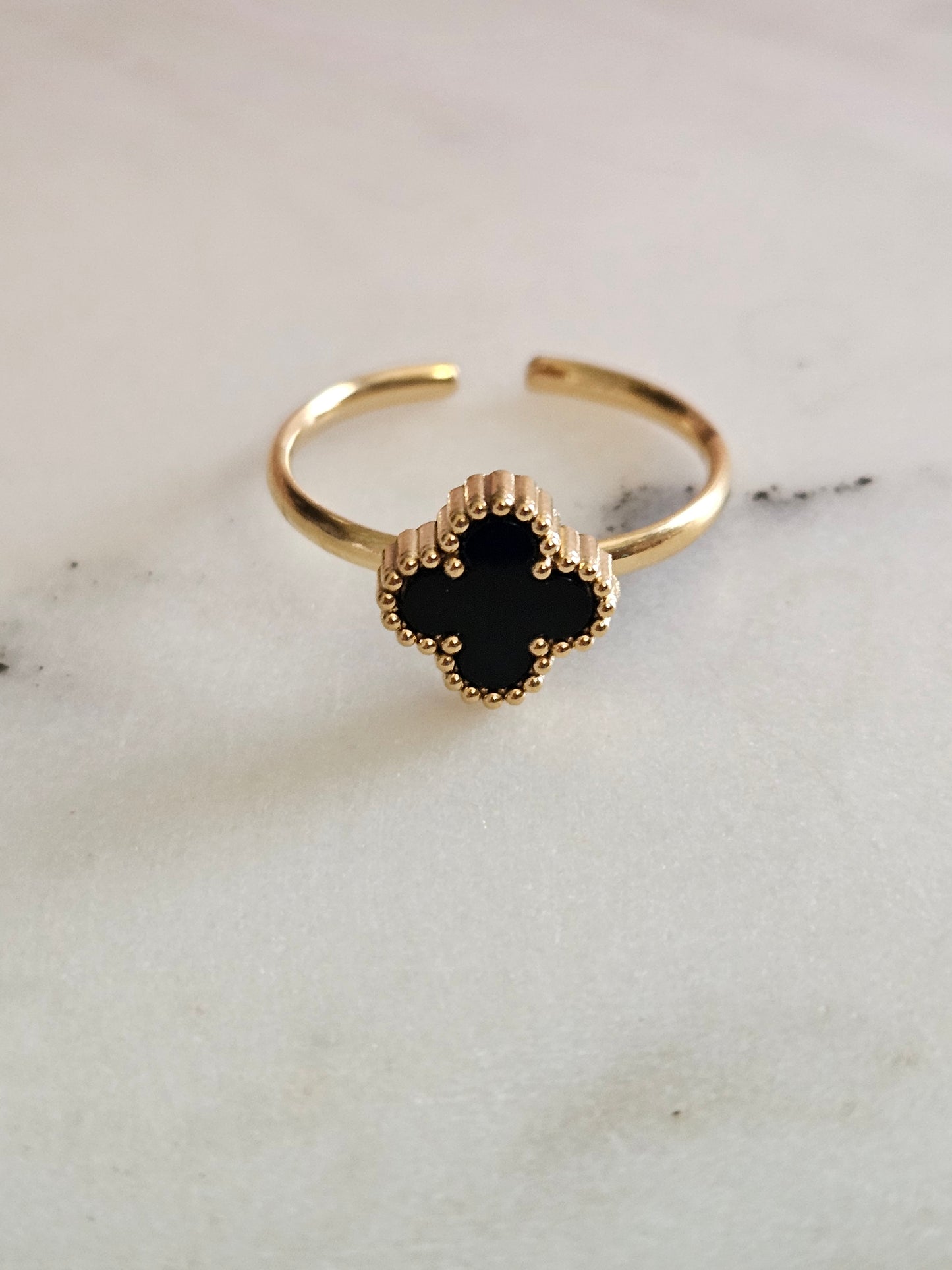 18K Gold Stainless Steel, Black Leaf Clove Ring