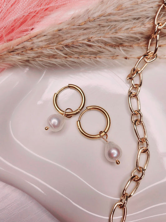 18k Gold plated, 304 Stainless Steel  Freshwater Pearl Hoop Earrings