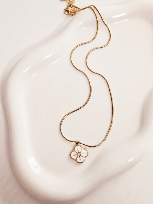 18k Gold Stainless Steel, White Diamond Clover Necklace, 40+5cm