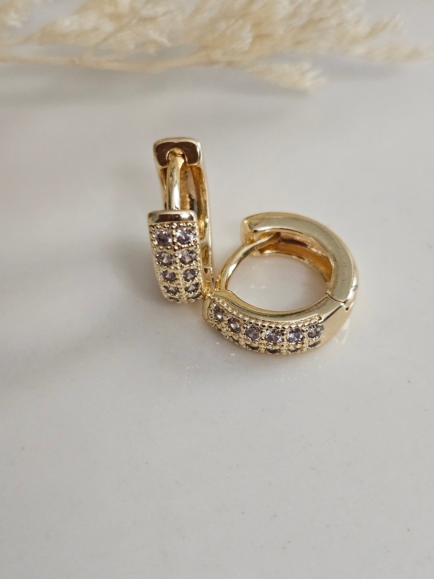 14K plated Brass huggie earrings, measuring 11mmx12.5mm in size