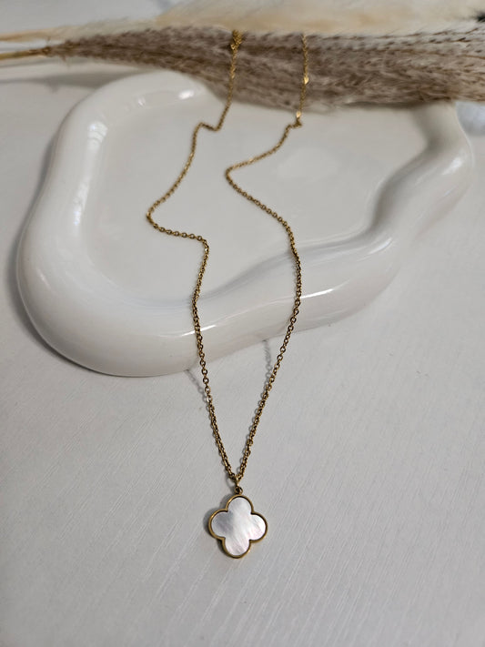 14k Gold Stainless Steel, Plated mother of pearls Four Leaf Clover Necklace