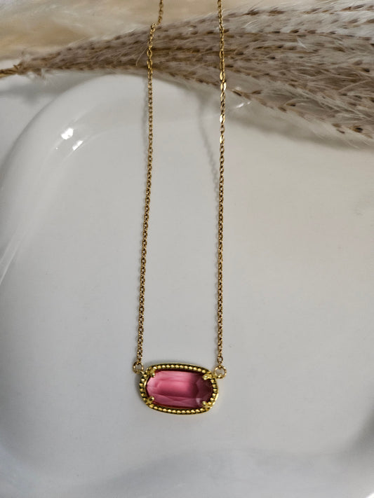 14K Gold Plated Stainless Steel, Pink Crystal Pendant Necklace.45+5 cm, Pendant 2-1 cm